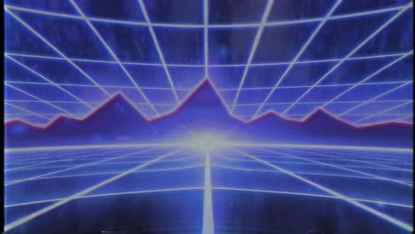Retro-80s-VHS-tape-video-game-intro-landscape-vector-arcade-wireframe-mountains